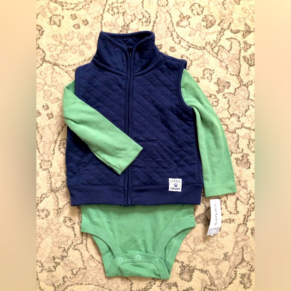 Carter’s size 12M green onesie with sleeveless blue quilted zip up vest